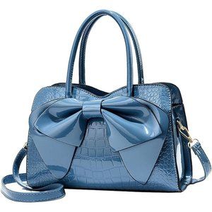 Women Leather Bowknot Charm Glossy Top-Handle Satchel Tote Fashion Shoulder Bag